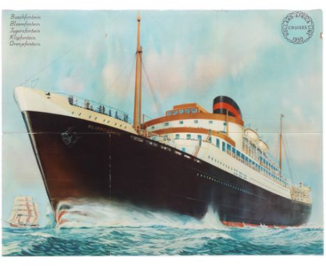 Original vintage travel fold out poster for the Holland Africa Line Cruises published by the United Netherland Navigation Com