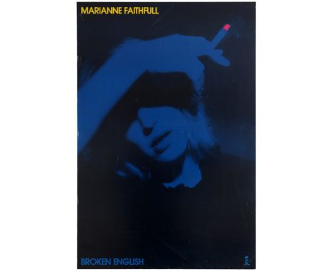 Original vintage music advertising poster for Marianne Faithfull album Broken English. Blue and black portrait of Marianne ho