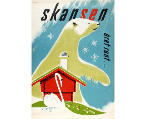 Original vintage travel advertising poster for Skansen – View all year round... Great image of a large white polar bear walki