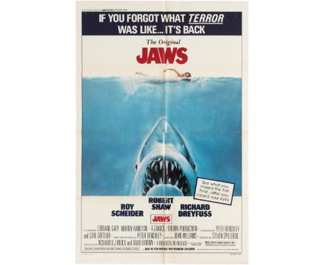 Original vintage movie poster for the 1979 re-release of classic thriller film Jaws directed by Steven Spielberg based on the