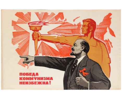 Original vintage Soviet  propaganda poster The Victory of Communism is Inevitable featuring illustration of Lenin pointing an