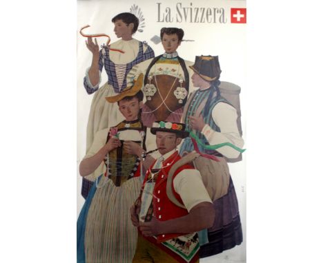 Original vintage poster for Switzerland - La Svizzera - featuring a group of people in traditional costumes and hats, the lad