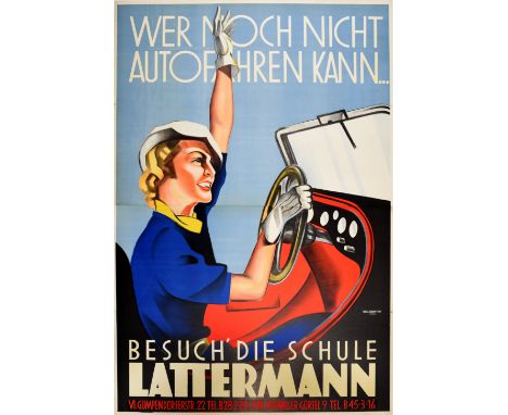 Original vintage advertising poster for the Lattermann Driving School featuring a great Art Deco style illustration of a smil