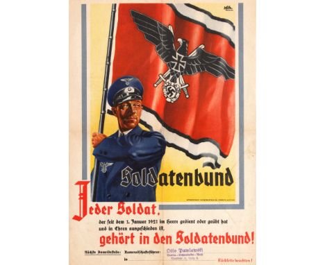 Original vintage Nazi propaganda poster - Soldatenbund. Double-sided poster featuring illustration of a Nazi soldier waving a