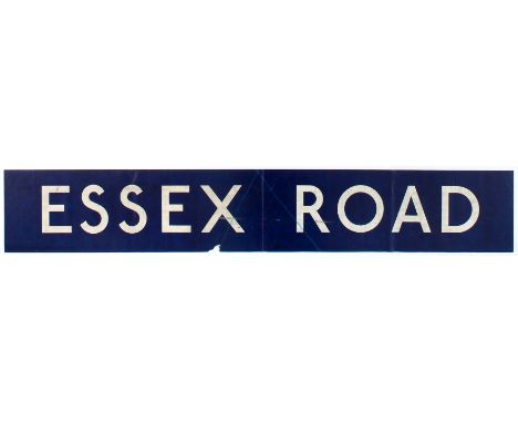 Original large vintage sign for Essex Road, most likely printed by the London Transport for bus, tramway or underground. Lith