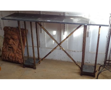 A rectangular black marble-top console table, on wrought-iron pedestal base, and a similar jardiniere stand, table length 144