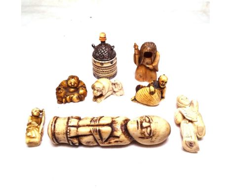 A group of carved ivory Netsuke, some signed and other ivory carvings (8) 