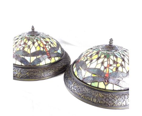 A pair of Tiffany style ceiling light fittings, with dragonfly decorated shades, diameter 33cm 
