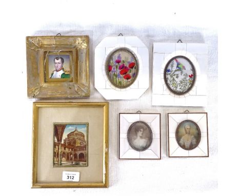 3 portrait miniatures, 2 oval embroidered pictures, height 14.5cm etc 