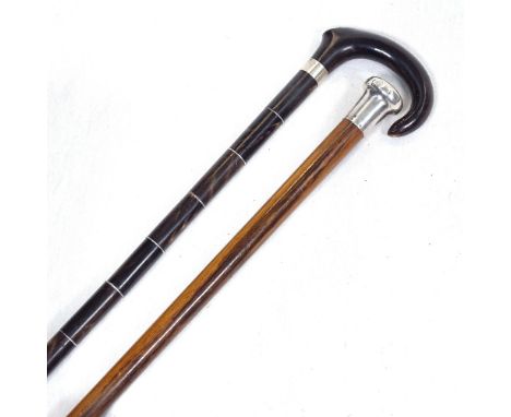 A sectional horn walking stick, and a silver-topped snakewood walking cane 