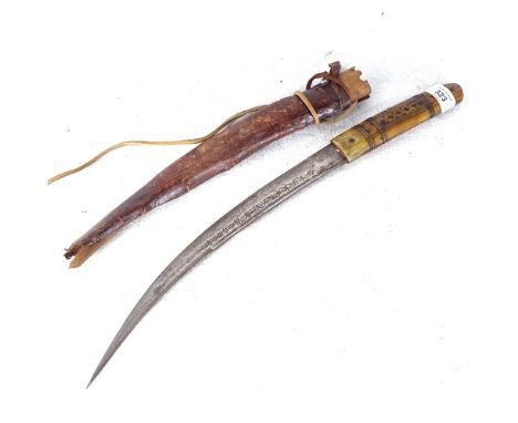 An Eastern knife with horn handle, length 50cm, with leather-covered scabbard 