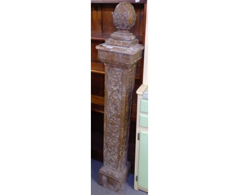 An Antique carved pine column with pineapple finial, H141cm, W23.5cm 