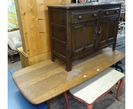 A rectangular Ercol elm-top dining table, and an Ercol dresser base 