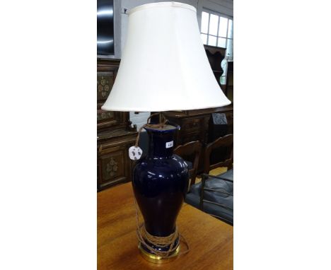 A Chinese design blue baluster vase table lamp and shade, with 3 branch fitting, height to top of fitting 87cm 