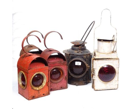 Antique railway lamp, height 47cm overall, a painted lantern, and 3 roadmen's lamps 