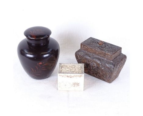 A lacquer caddy with cover and inner lid, height 13cm, and an antimony caddy with inner lid and cover, and a carved bone box 