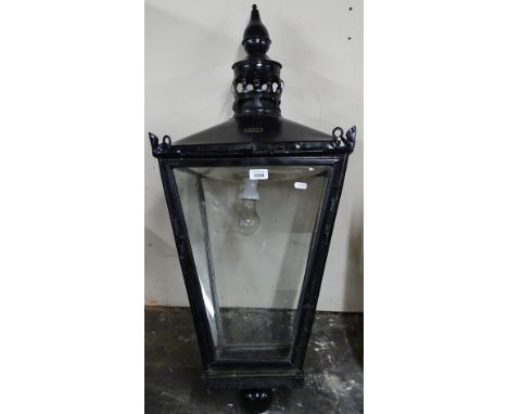 An Antique black painted outdoor lantern, By Foster &amp; Pullen, with ceramic Parkinson reflector &amp; gas fitting H100cm 