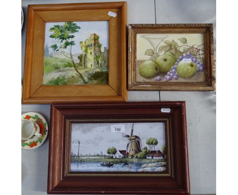 Framed painted tile depicting a Dutch view, 37cm overall, and 2 other framed painted tiles 