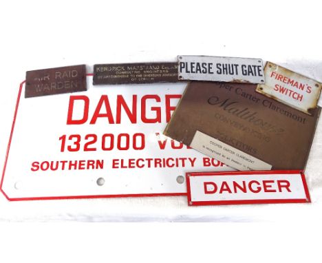 7 various signs, including Air Raid Warden, and an enamel Please Shut Gate, length 23cm 