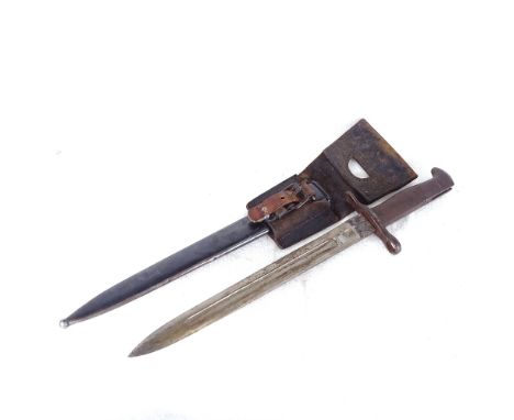 Antique bayonet stamped E366 with wooden handle, metal scabbard, length 43cm 
