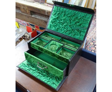 A Vintage black leather and green velvet-lined jewellery box with fitted drawer, length 24cm 