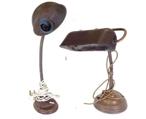 A Vintage desk lamp with circular metal shade, height 51cm, and another Vintage adjustable desk lamp 