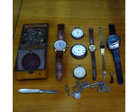 An engine turned silver pocket watch, 2 Alberts, wristwatches, watch keys, Continental silver-cased fob watch etc 