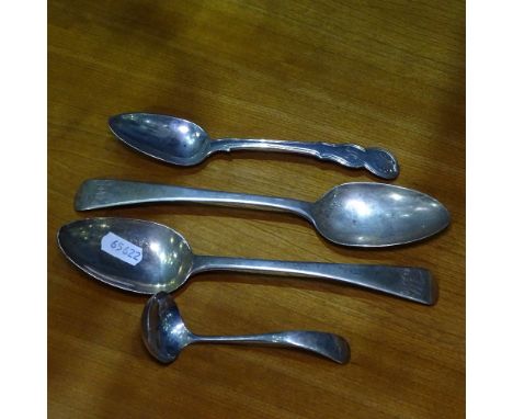 A pair of silver serving spoons, another, and a silver ladle, 6.9oz 