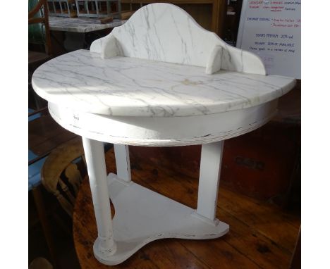 A white painted and marble-top demilune console table, W90cm, H85cm 