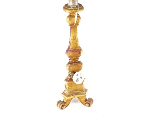 A Continental giltwood candle stand converted to a table lamp, height 64cm overall, and a larger table lamp 