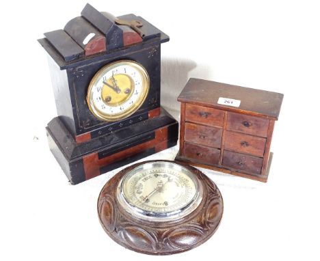 A slate mantel clock, 28.5cm, a Vintage table-top pine chest of 6 drawers, and a carved oak-cased wall barometer 