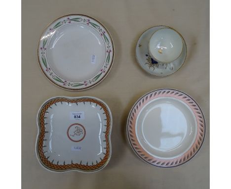 An 18th Century Worcester cup &amp; saucer with crescent back stamp, and 4 18th Century Wedgwood creamware plates