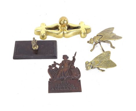 A Victorian clenched fist paperweight, Vintage London Assurance plaque, brass fly boxes etc 