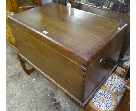 A rectangular teak blanket box, and a mid-century tile-top coffee table 