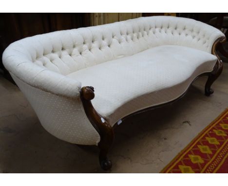 A Victorian walnut-framed bow-end parlour sofa, with buttoned upholstery, L198cm 