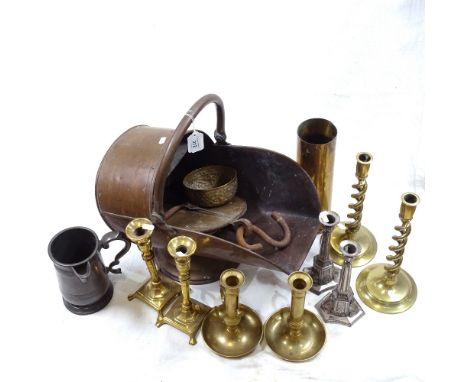 Copper coal scuttle, scale, 4 pairs of candlesticks, and 1915 brass cannon shell case 