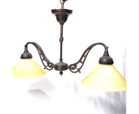 Antique 2-branch hanging brass light fitting with original shades, length 63cm overall 