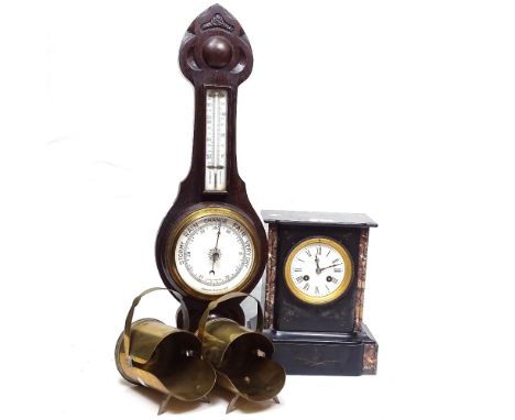 2 1916 trench art scuttles, slate and marble-cased clock, height 25cm, and an aneroid barometer 