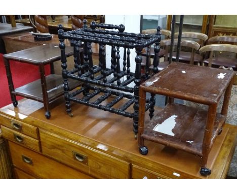 2 small Chinese style 2-tier stands, and an Edwardian ebonised bobbin turned Canterbury