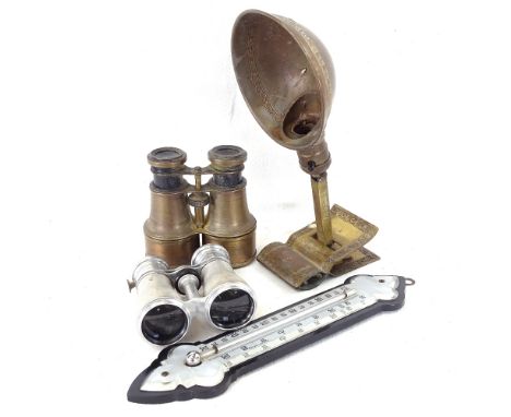 A brass desk lamp, thermometer, opera glasses, and "The Liverpool" binoculars 