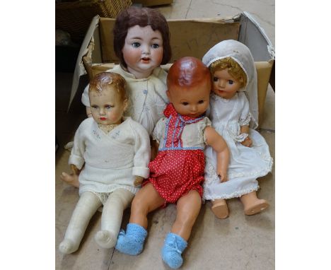 A German porcelain-head doll, 62cm, 3 other large Vintage dolls 