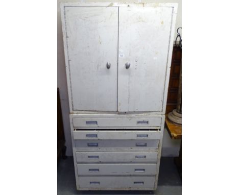 A Vintage painted metal 2-section dentist's cabinet, W76cm, H168cm 
