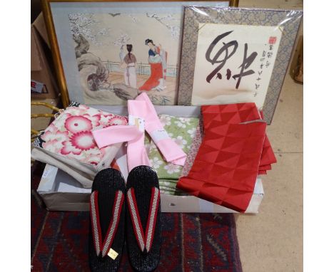 Japanese Kimono, slippers, sash, bag etc 