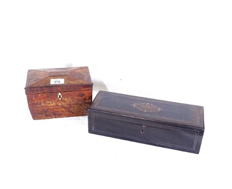 An ebonised box with fall-front, and a 19th century tea caddy, 18cm 