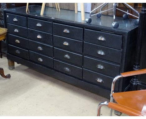 A Vintage painted and glass panelled haberdashery counter, fitted with 16 graduated drawers, L181cm, H91cm, D60cm 