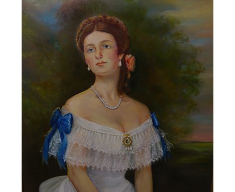 Modern oil on canvas, still life portrait study of a young lady in a gown, framed, W68cm, signed with monogram JB and Jackson