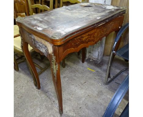 A Continental kingwood and marquetry decorated fold over card table, on cabriole legs, with ormolu mounts (A/F) 