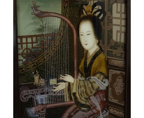 A pair of Oriental lacquered-framed portrait pictures, height 51cm overall 