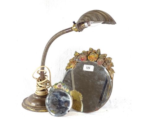 Vintage adjustable desk lamp with metal shell design shade, 2 Barbola strut mirrors, tallest 25cm 