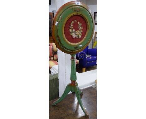 A Vintage American painted tilt-top table on fluted column with tripod legs, bears label for The Rola Pedestal Re* Creator, W